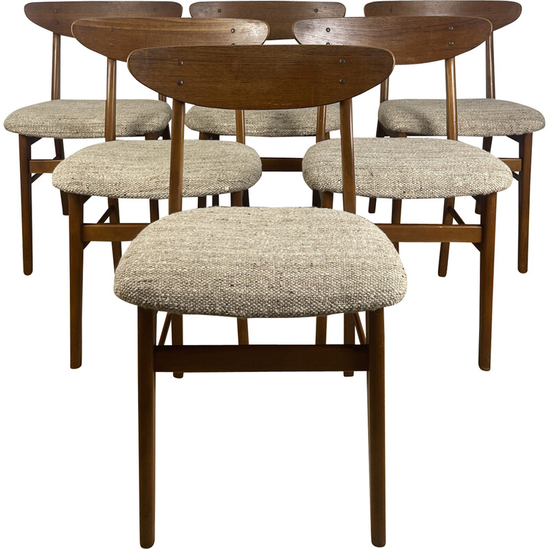 Set of 6 vintage Farstrup 210 teak chairs with beige fabric seat