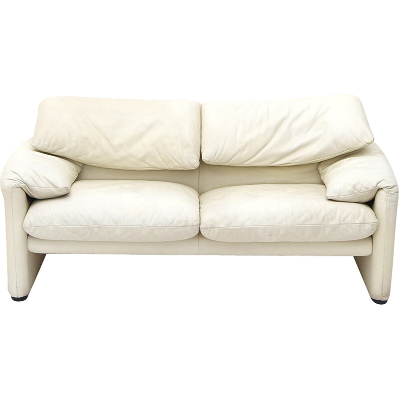 Sofá vintage "Maralunga" en piel blanca de Vico Magistretti para Cassina, años 70