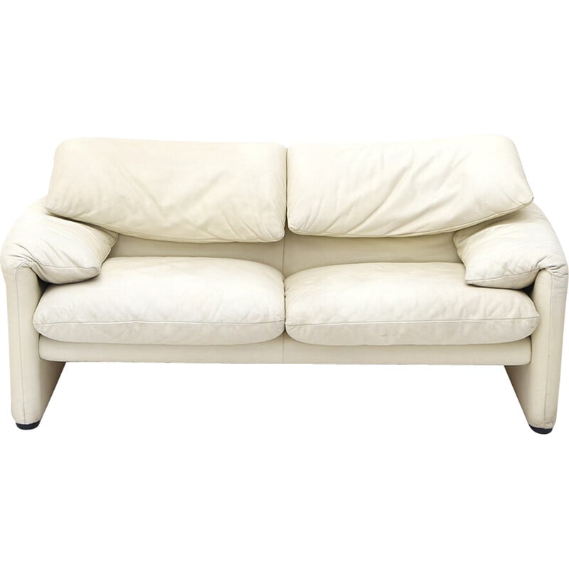 Vintage "Maralunga" sofa in white leather by Vico Magistretti for Cassina, 1970s
