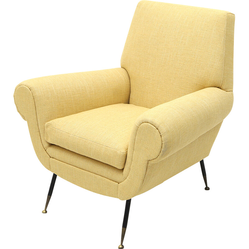 Vintage fauteuil met bekleding in gele stof, jaren 1950