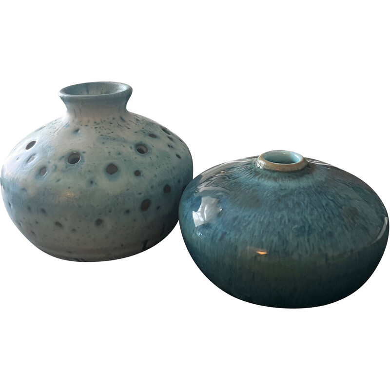 Paire de vases vintage en ceramiques bleus, 1970