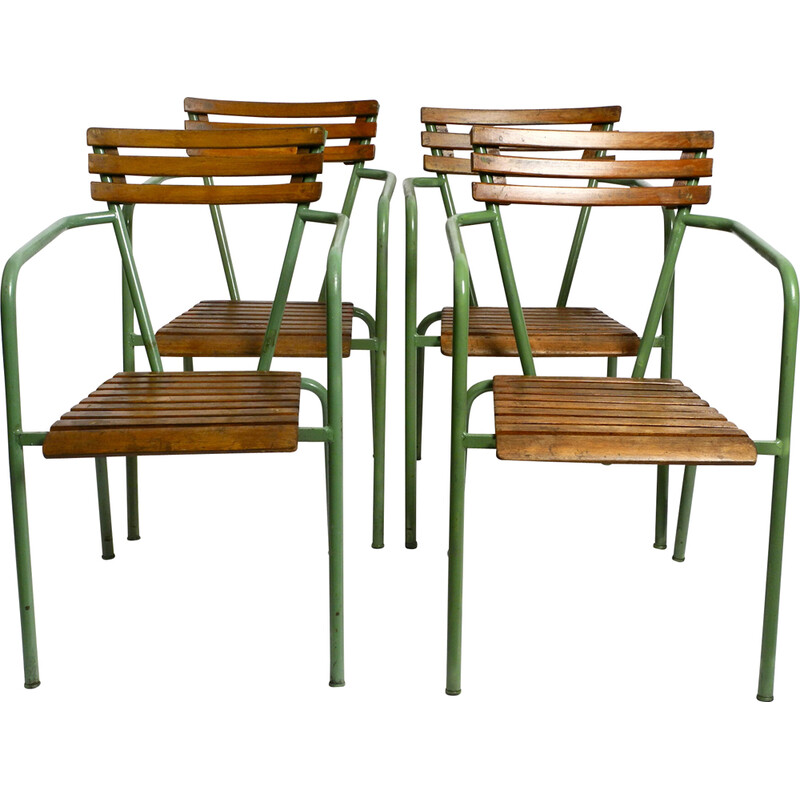 Juego de 4 sillones bistro vintage apilables en metal y madera, Italia años 50