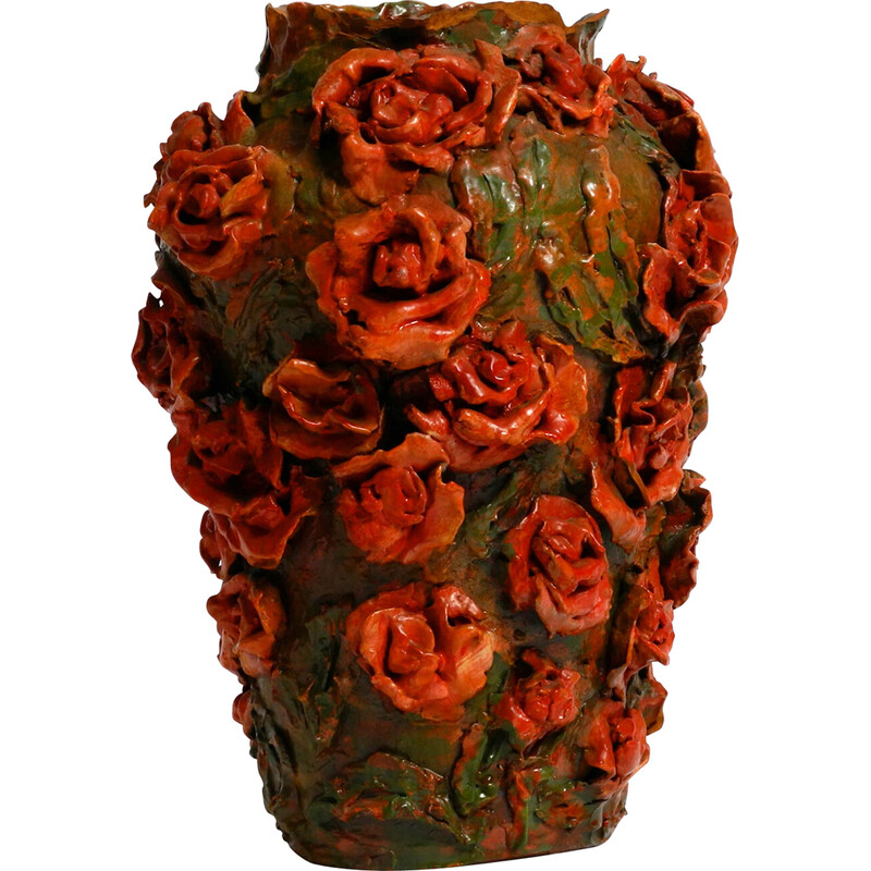 Vintage clay vase in green-brown with red roses by Rosie Fridrin Rieger June, Austria 1918