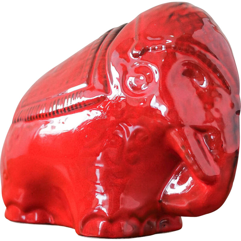 Elefante de cerâmica de vidro vermelho vintage, década de 1960