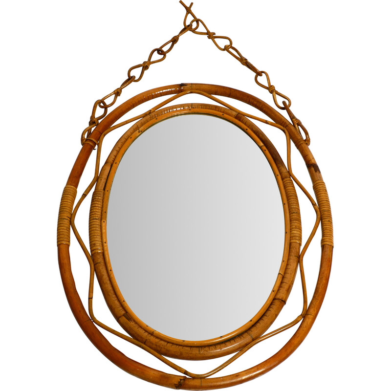 Vintage Italian oval bamboo wall mirror with loop, 1960s