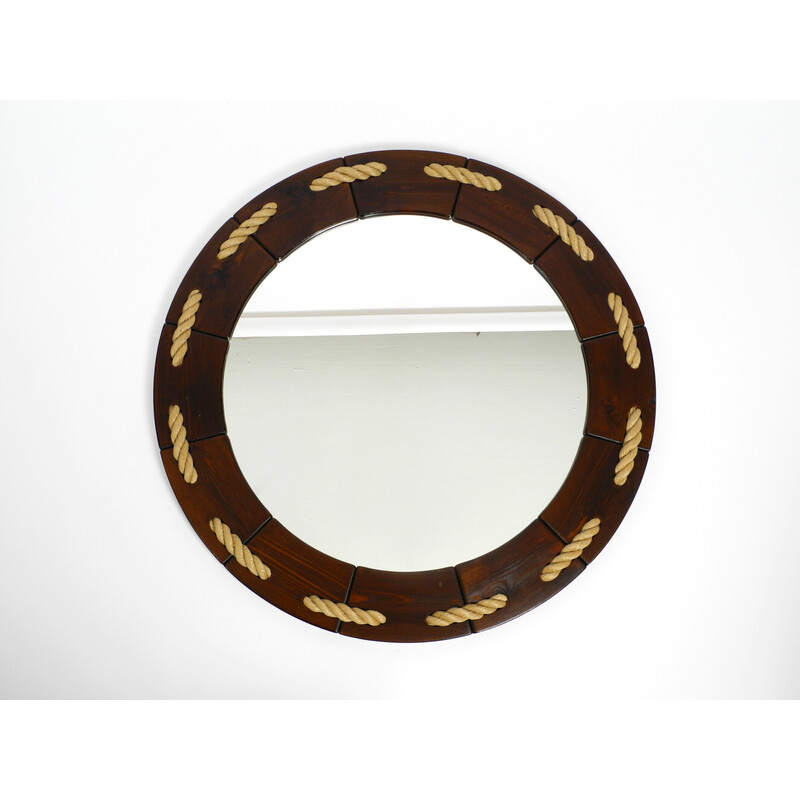 Vintage maritime round pine wood wall mirror, Denmark 1970s