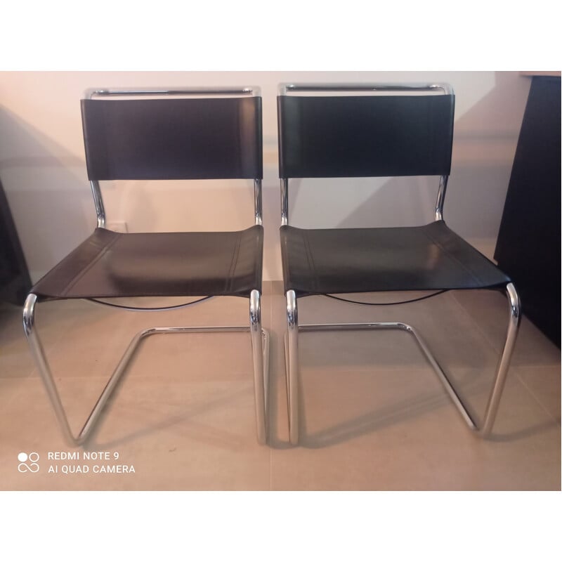 Pair of vintage chairs model Spoletto in black leather and chrome by Bersanelli