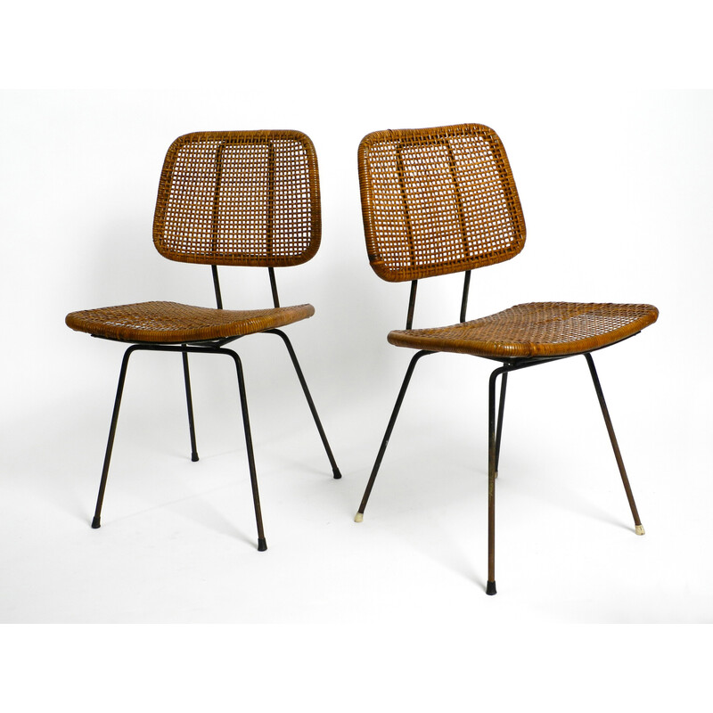 Pair of vintage italian bamboo and raffia dining chairs, 1960s