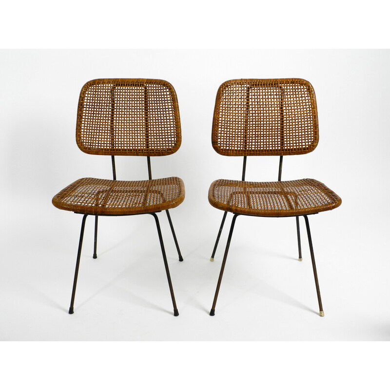 Pair of vintage italian bamboo and raffia dining chairs, 1960s