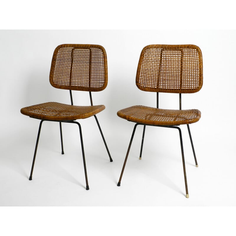 Pair of vintage italian bamboo and raffia dining chairs, 1960s