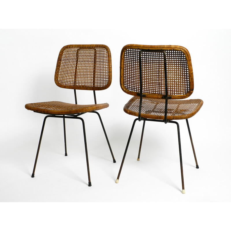 Paar vintage italiaanse eetkamerstoelen van bamboe en raffia, 1960