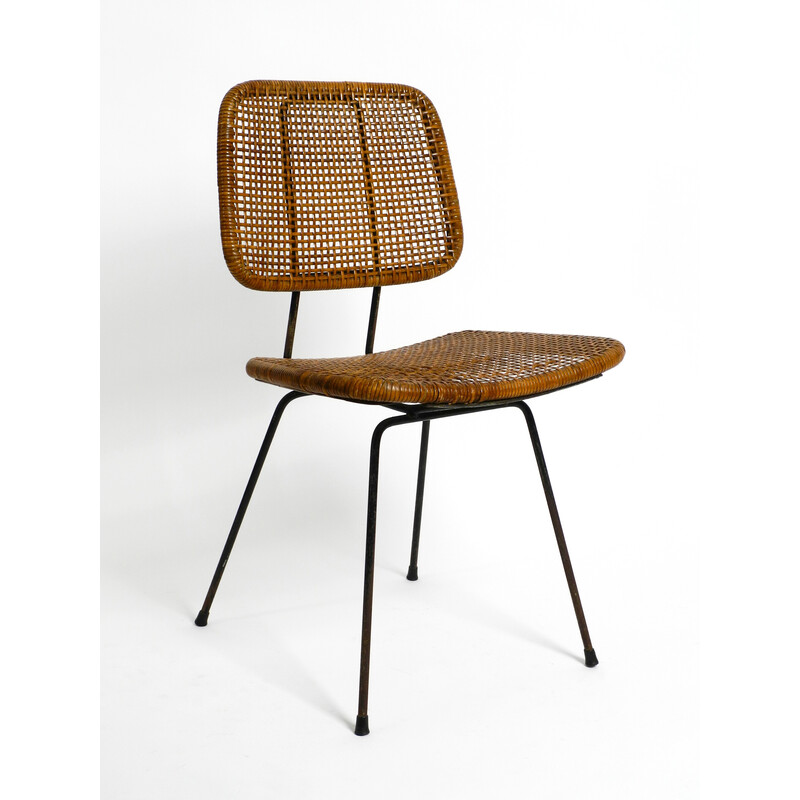 Paar vintage italiaanse eetkamerstoelen van bamboe en raffia, 1960