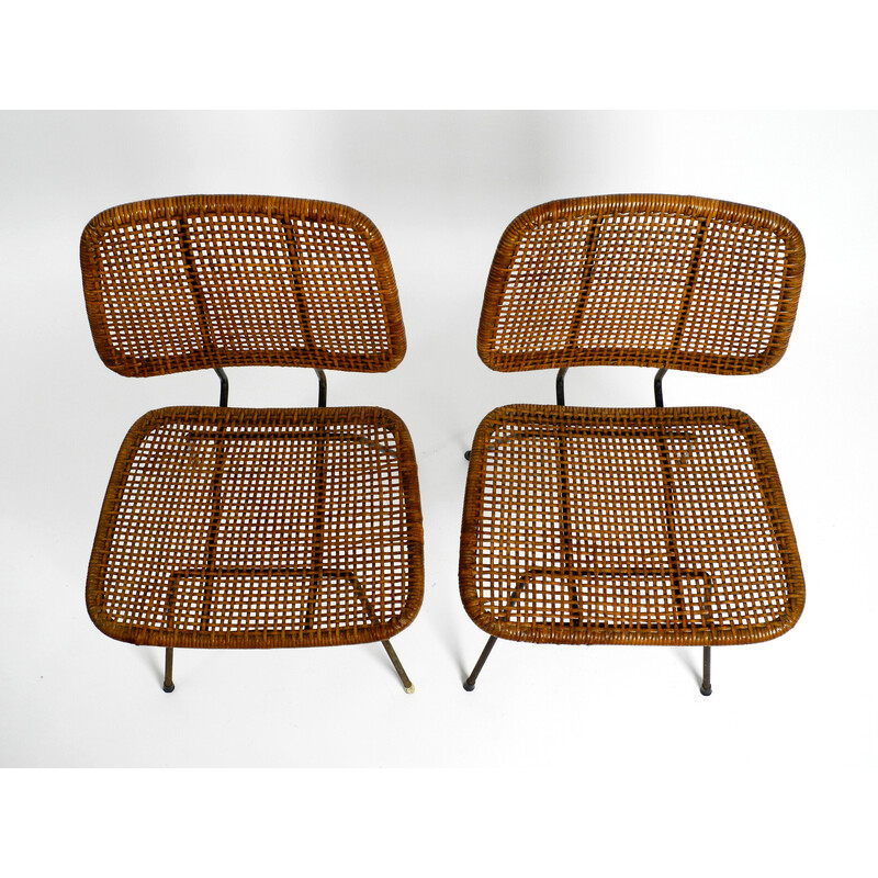 Pair of vintage italian bamboo and raffia dining chairs, 1960s