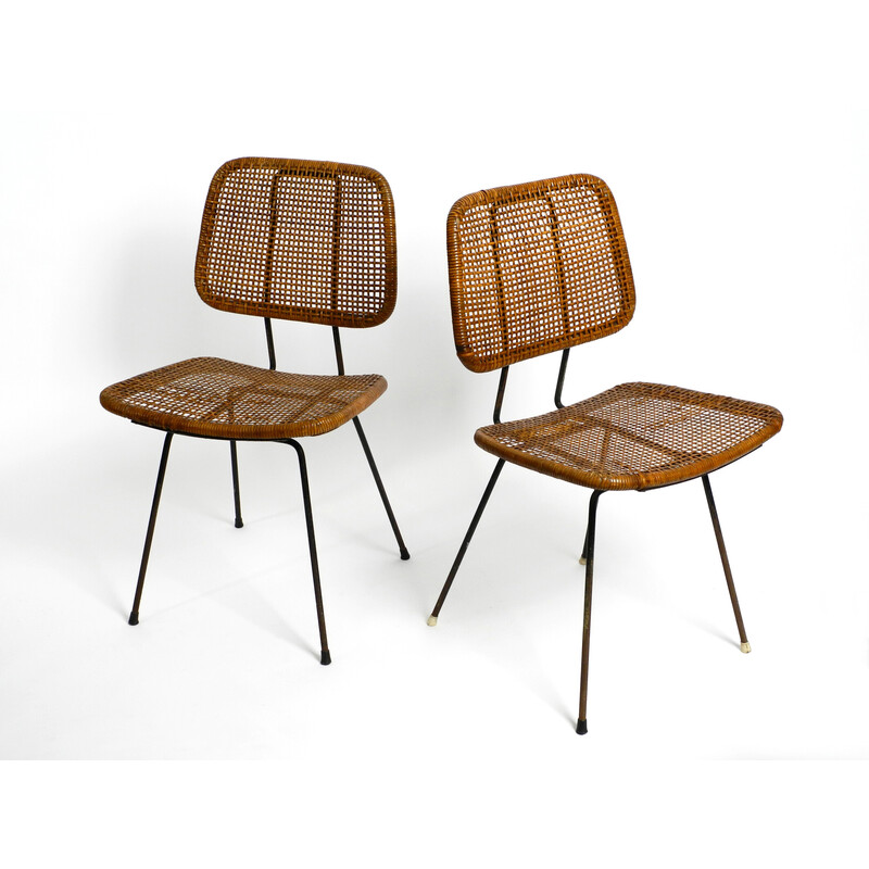 Paar vintage italiaanse eetkamerstoelen van bamboe en raffia, 1960