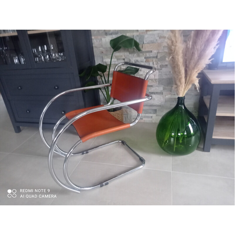 Light brown leather and chrome vintage armchair by Mies Van Der Rohe