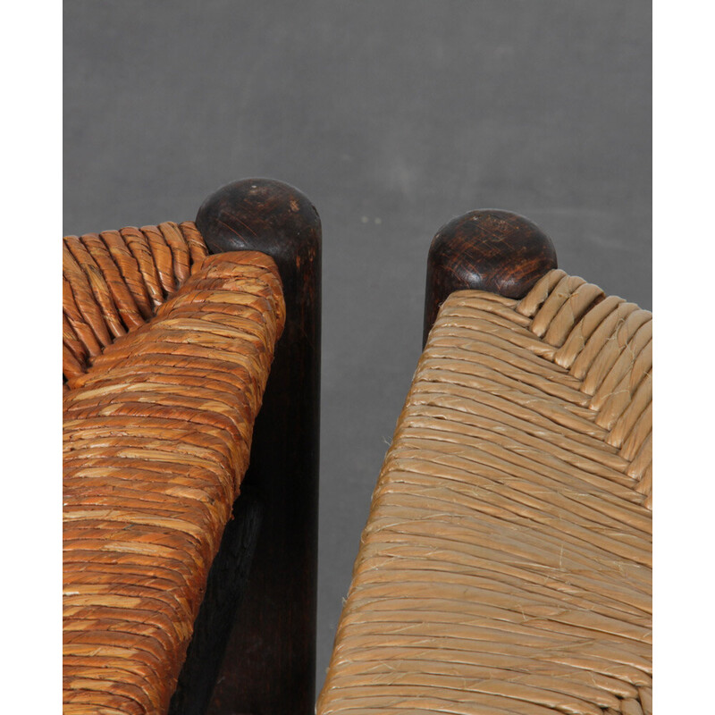 Pair of vintage straw tripod stools, 1960