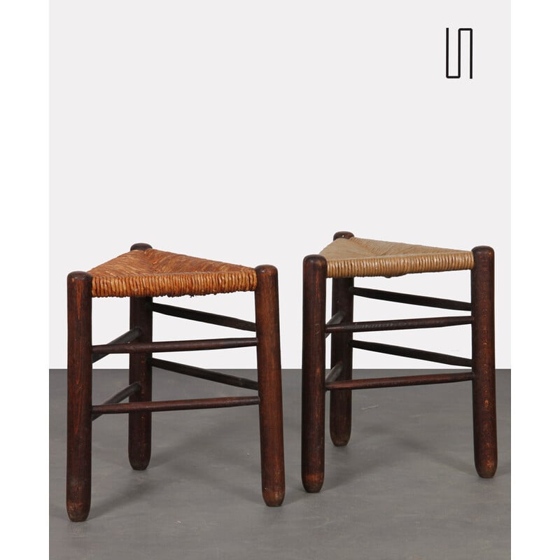 Pair of vintage straw tripod stools, 1960