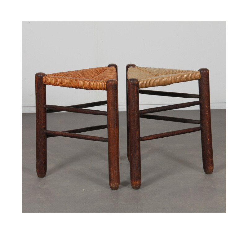 Pair of vintage straw tripod stools, 1960