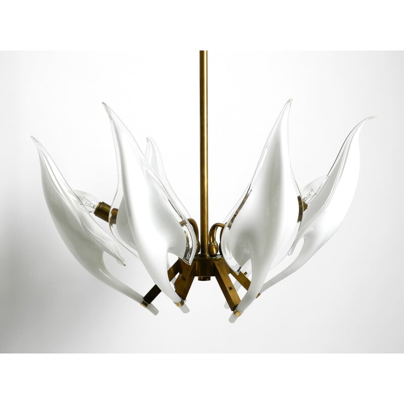 Vintage brass chandelier with white and transparent Murano glasses by Franco Luce, Italy 1950s