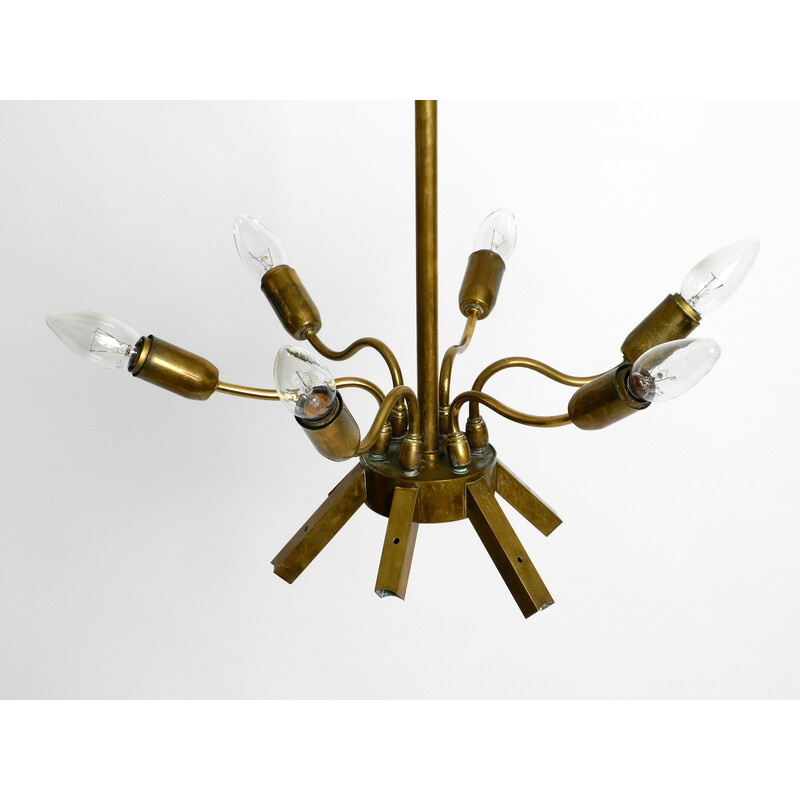 Vintage brass chandelier with white and transparent Murano glasses by Franco Luce, Italy 1950s