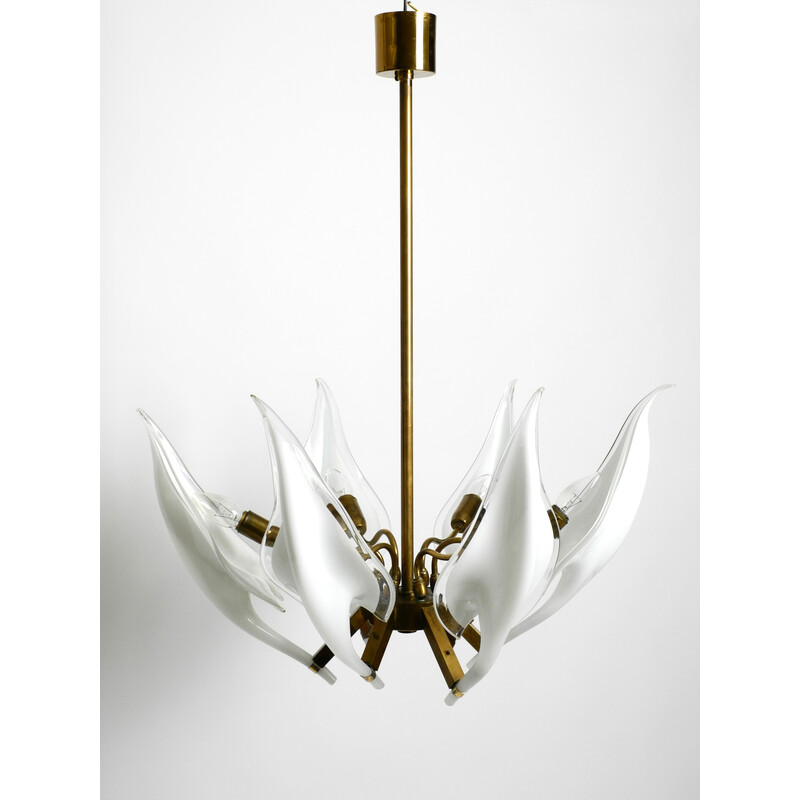 Vintage brass chandelier with white and transparent Murano glasses by Franco Luce, Italy 1950s