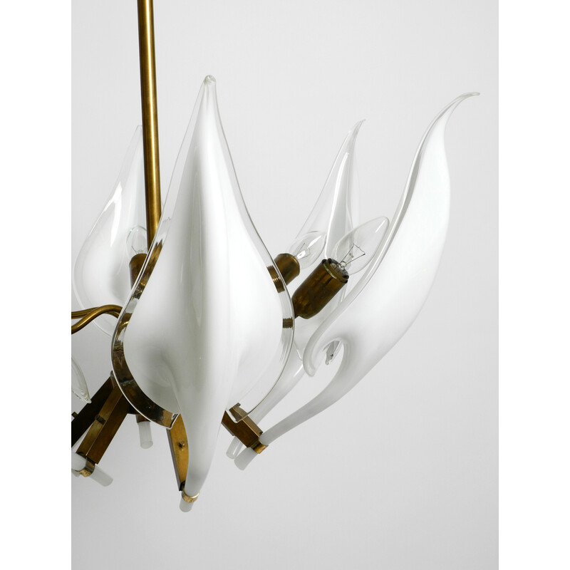 Vintage brass chandelier with white and transparent Murano glasses by Franco Luce, Italy 1950s