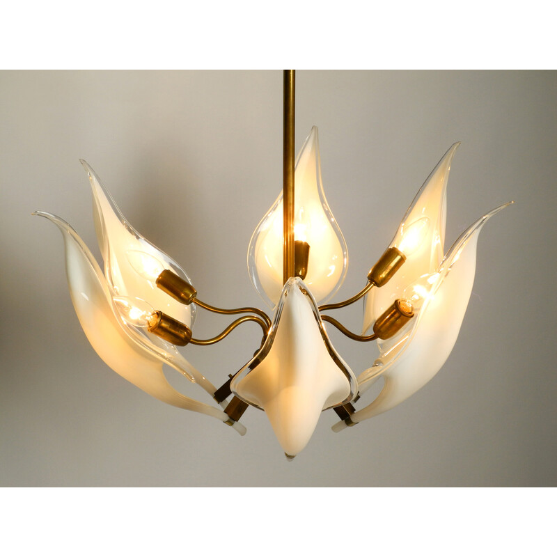 Vintage brass chandelier with white and transparent Murano glasses by Franco Luce, Italy 1950s