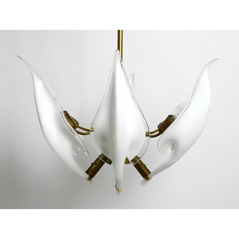 Vintage brass chandelier with white and transparent Murano glasses by Franco Luce, Italy 1950s