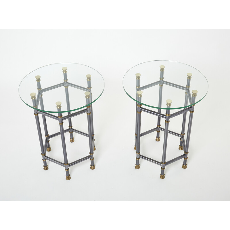 Coppia di tavoli vintage con piedistallo in ottone e vetro di Jansen, 1970