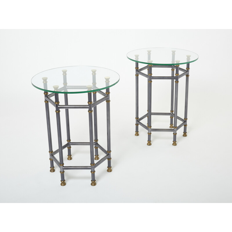 Paar vintage tafels met voetstuk van messing en glas van Jansen, 1970