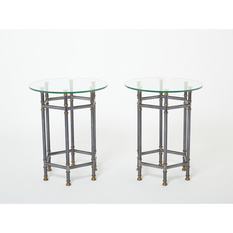 Pareja de mesas vintage con pedestal de latón y cristal de Jansen, 1970