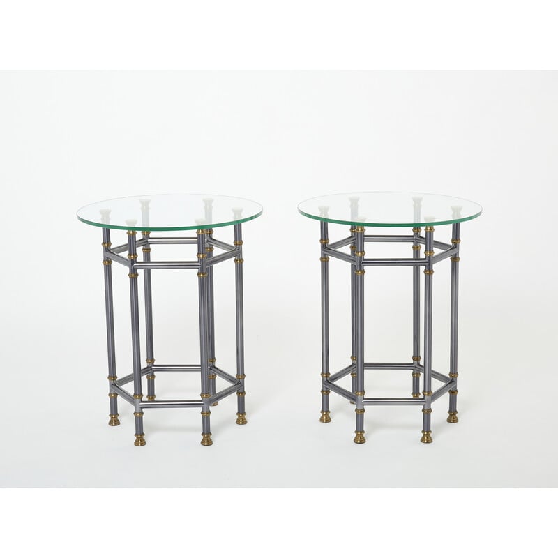 Pair of vintage brass and glass pedestal tables by Jansen, 1970