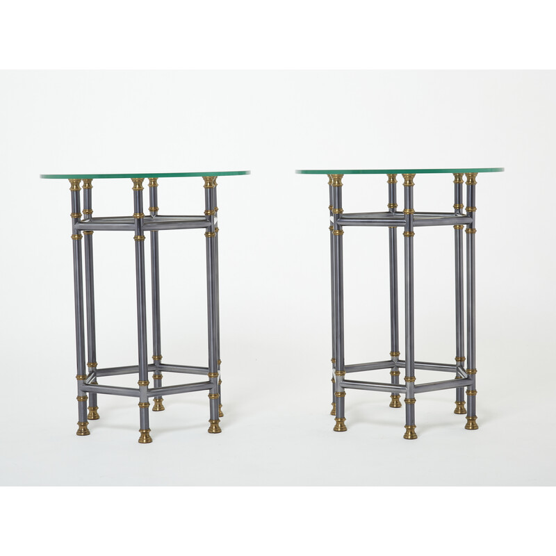 Paar vintage tafels met voetstuk van messing en glas van Jansen, 1970