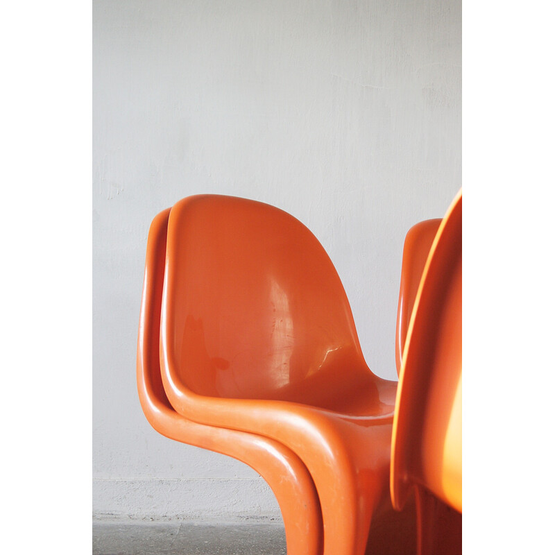 Satz von 4 orangefarbenen Panton-Stühlen von Verner Panton für Herman Miller, 1970er Jahre