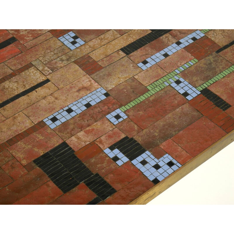 Mosaik-Couchtisch aus der Mitte des Jahrhunderts mit Haarnadelbeinen aus Messing