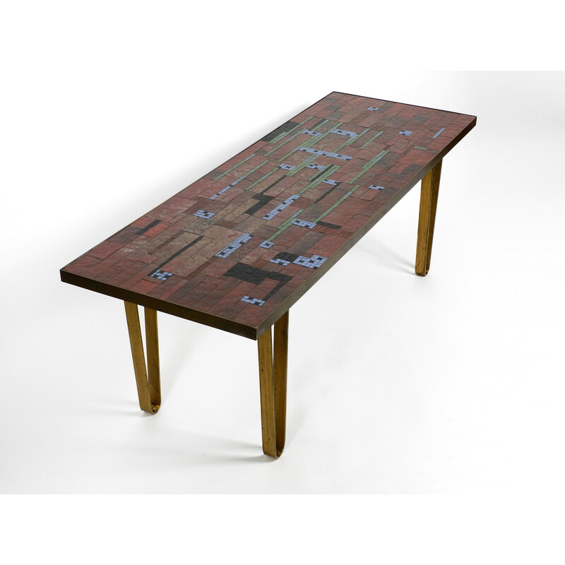 Table basse vintage en mosaïque avec pieds en laiton