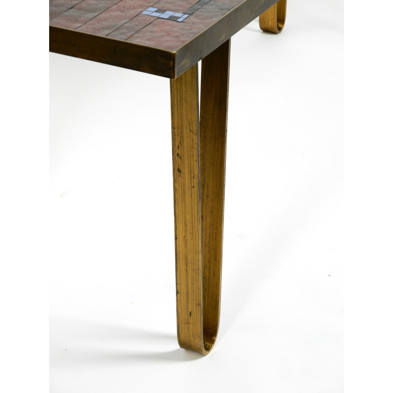 Table basse vintage en mosaïque avec pieds en laiton