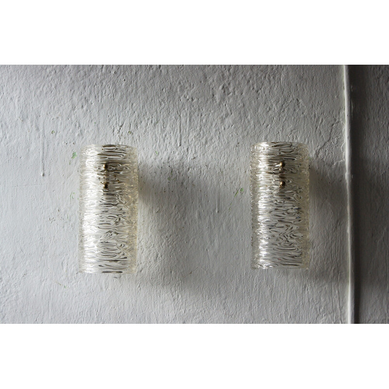 Pair of vintage textured glass and brass wall wall lamps by J. T. Kalmar