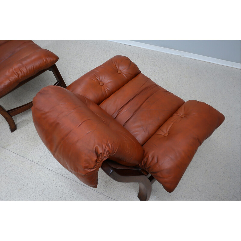 Pair of vintage Brutalist leather armchairs, 1970s