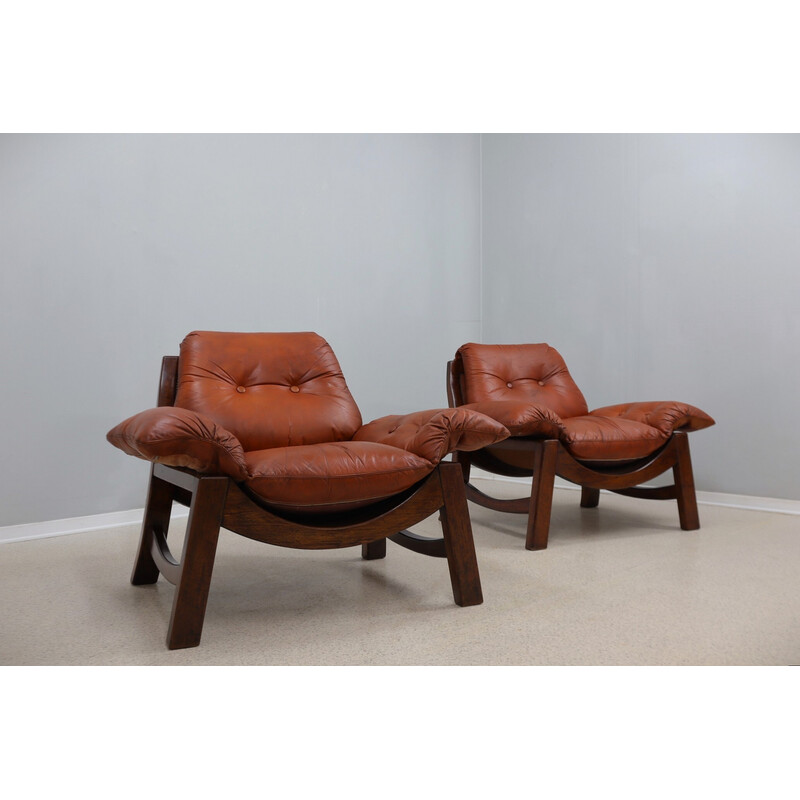 Pair of vintage Brutalist leather armchairs, 1970s