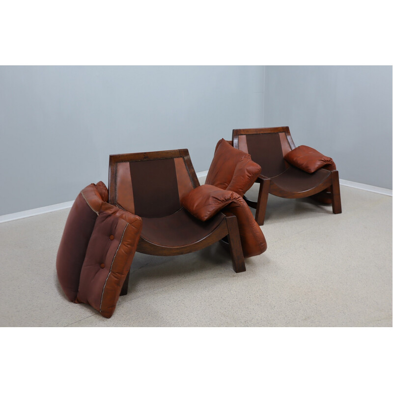 Pair of vintage Brutalist leather armchairs, 1970s