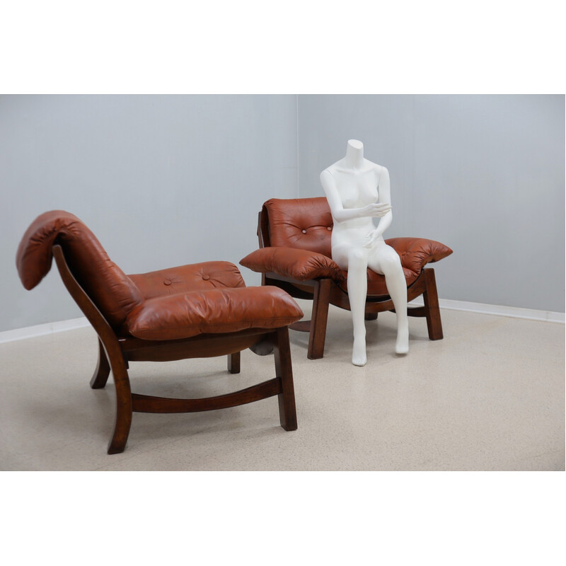 Pair of vintage Brutalist leather armchairs, 1970s