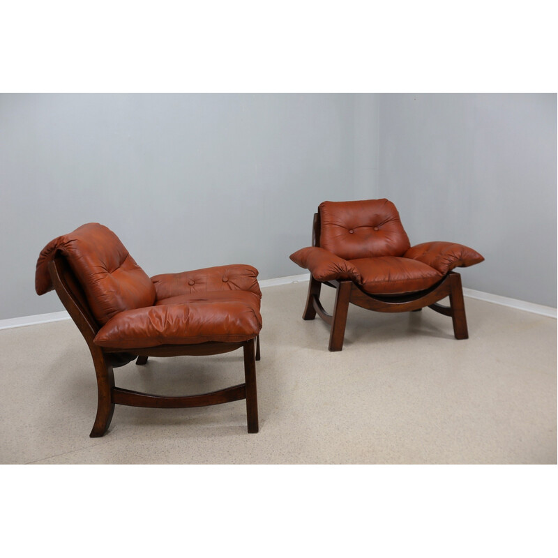 Pair of vintage Brutalist leather armchairs, 1970s