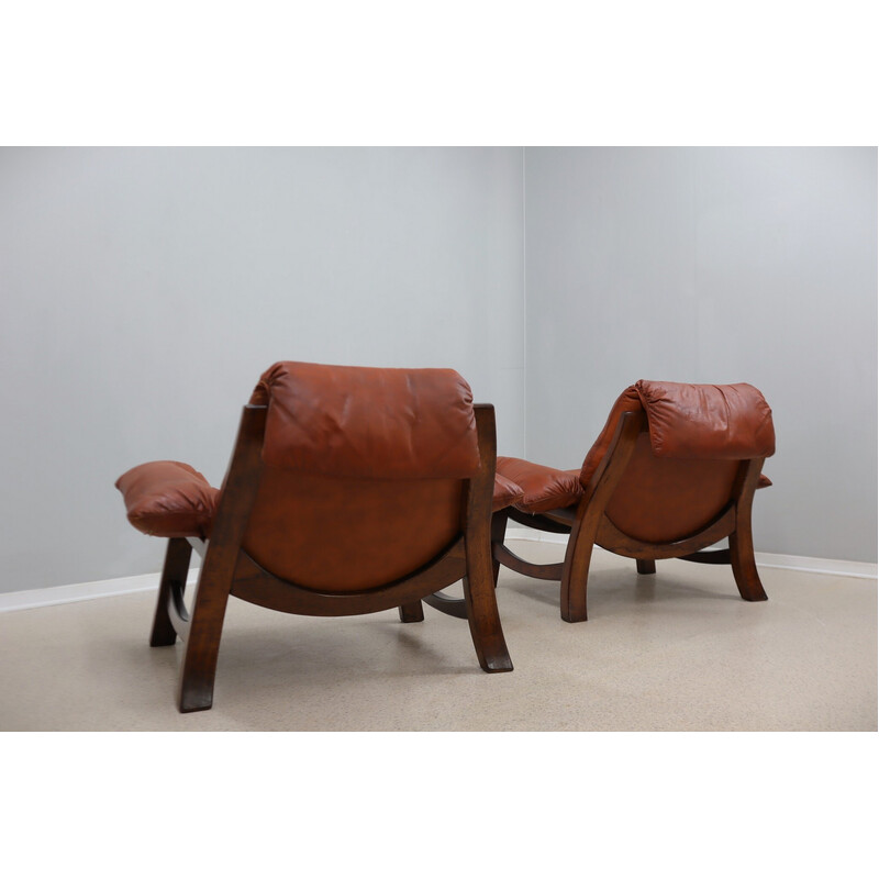 Pair of vintage Brutalist leather armchairs, 1970s