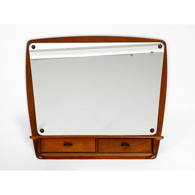 Danish mid century teak wall mirror with shelf and drawers