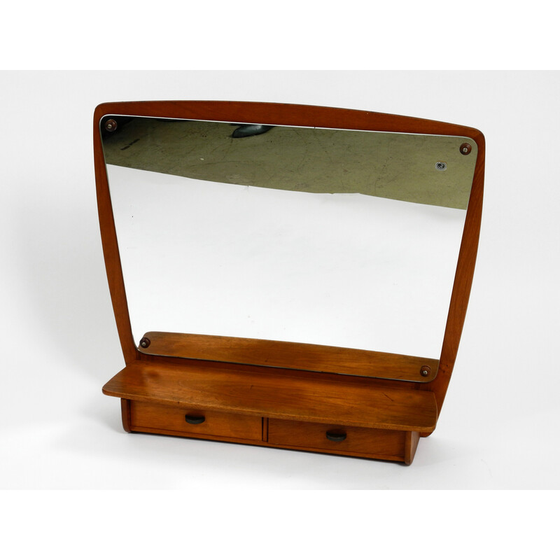 Danish mid century teak wall mirror with shelf and drawers