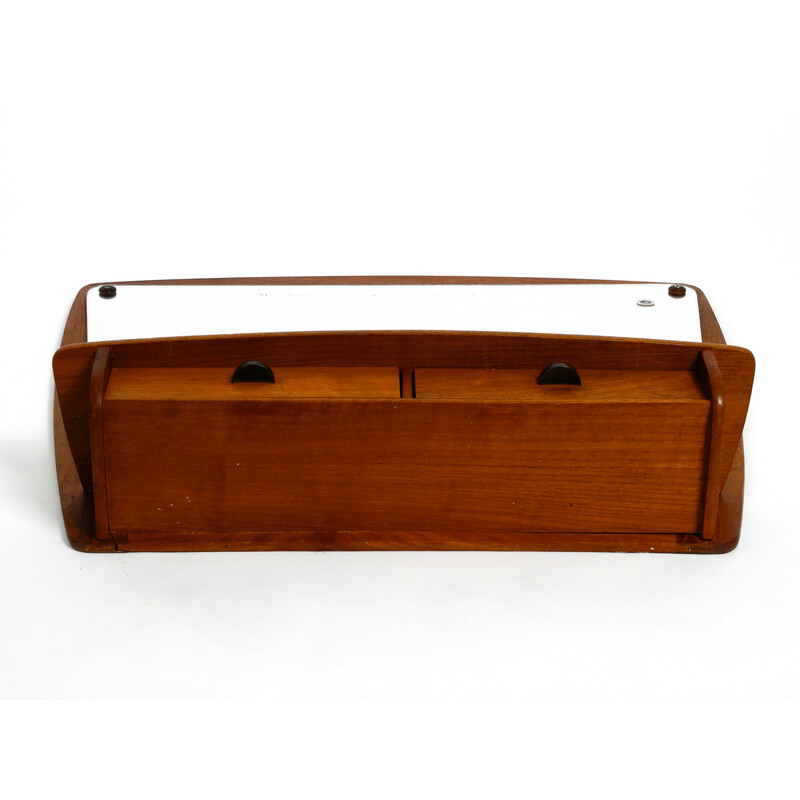 Deense mid century teakhouten wandspiegel met plank en laden