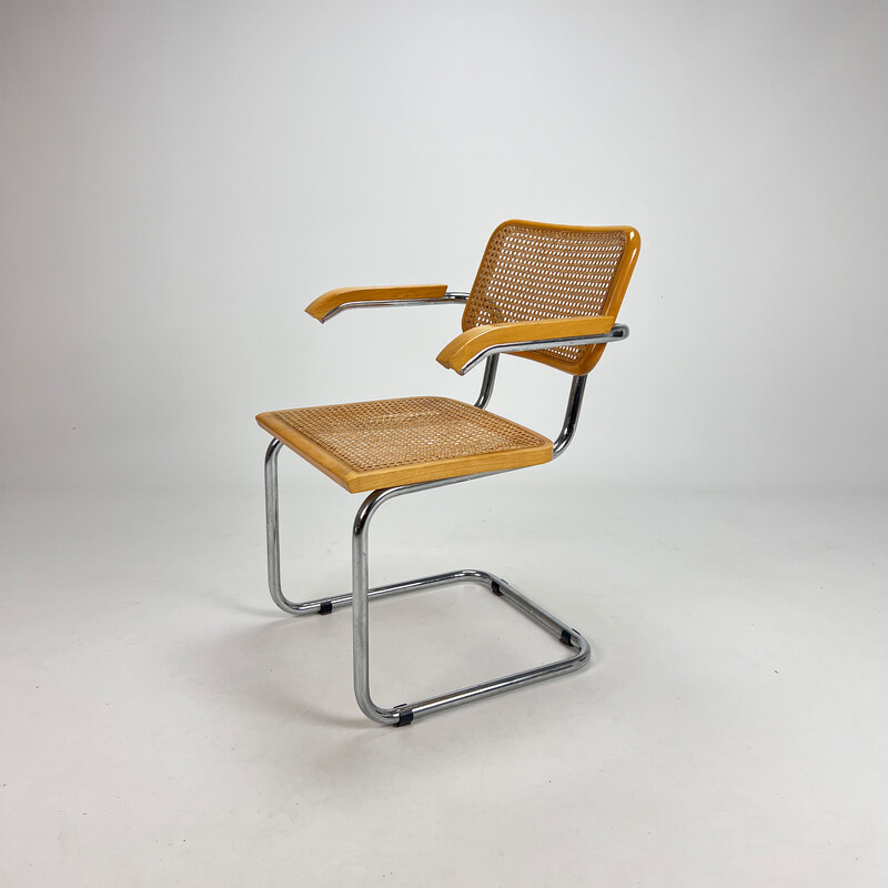 Vintage tubular frame and cane cantilever dining chair, Italy 1970s