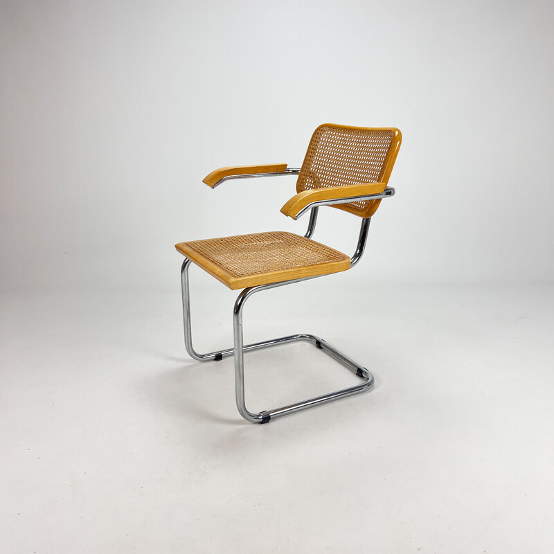 Vintage tubular frame and cane cantilever dining chair, Italy 1970s