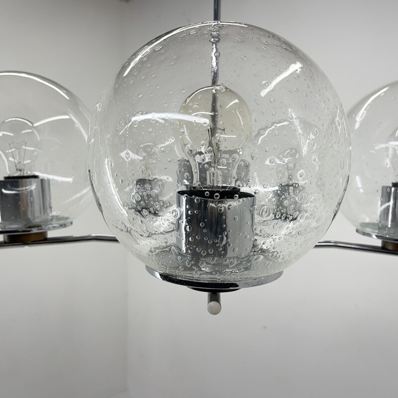 Araña vintage de cromo y cristal de burbujas transparente, años 70